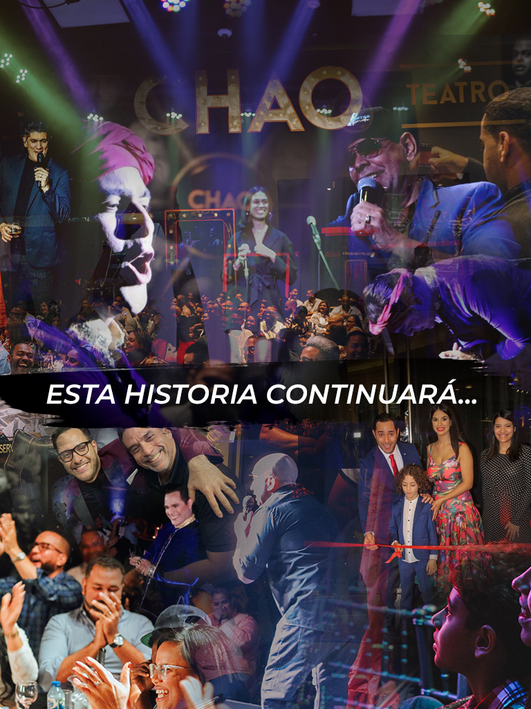 CHAO Café Teatro: mosaico de fotografías del público, los artistas y la sala, con el rótulo «Esta historia continuará…»